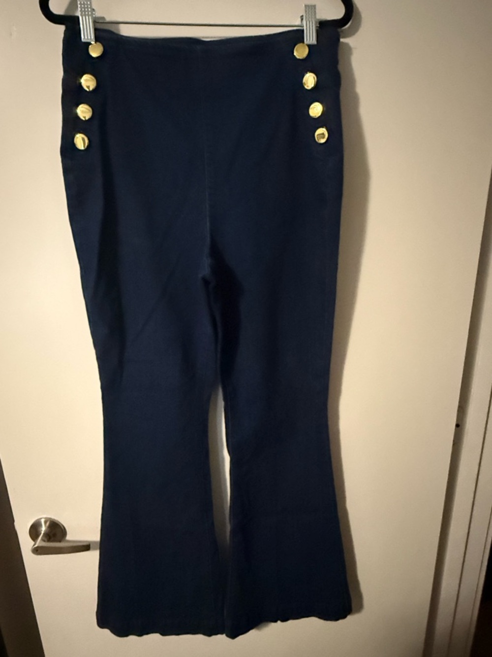 INC International Concepts Navy Blue High-Rise Flare Jeans with Gold Buttons